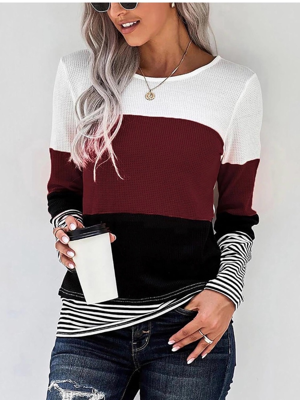 Kingfen Size Medium Colorblock Striped Long Sleeve Sweater - White, Wine, Black